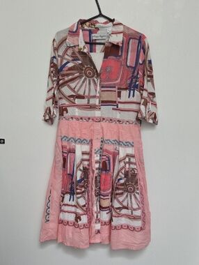 Dizxy Lizzie Wheel Patterned Button-Front Flared Summer Riviera  Sz L Midi Dress